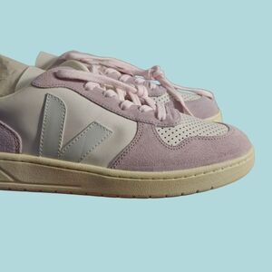 Veja Pink and White Retro Sneakers with V-Logo